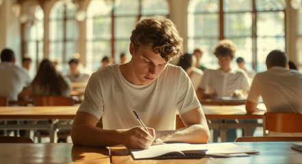 high school or university student holding pencil writing on paper answer sheet taking final exam attending in examination room or classroom