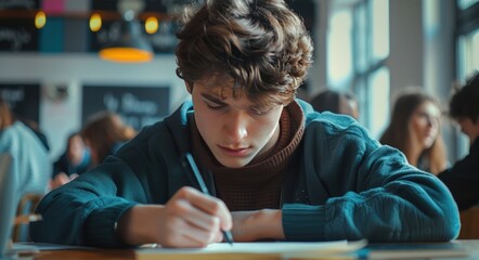 high school or university student holding pencil writing on paper answer sheet taking final exam attending in examination room or classroom