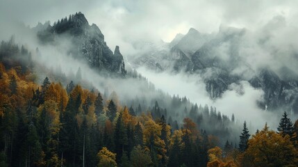 A mountain range covered in mist and trees - Powered by Adobe
