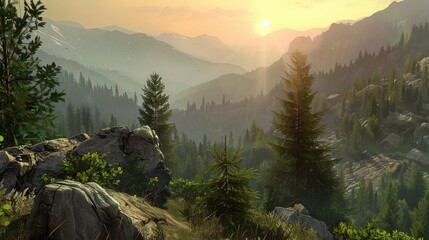A mountainous landscape with tall rocks, green trees, and a sunset in the background. - Powered by Adobe