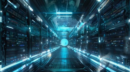 Obraz premium The futuristic facility hums with the sound of thousands of servers the driving force behind Yottabyte Storage Solutions unparalleled storage capabilities.