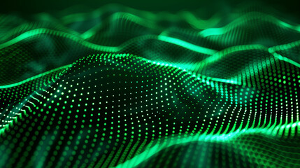 A green, fuzzy, and blurry image of a wave. The image is full of dots and he is a computer-generated image. Scene is somewhat eerie and mysterious