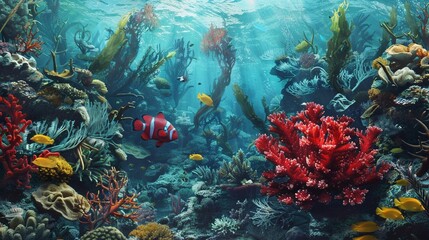A red coral is in the foreground, with other varieties of coral and sea plants around it. Small yellow fish swim around the corals.