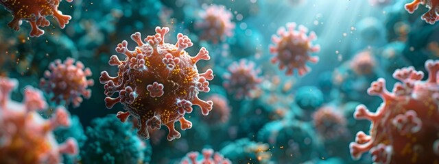 Fototapeta premium A high-resolution micrograph of virus particle with the spherical core and spiky protein envelope clearly visible