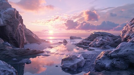 A rocky beach at sunset with a pool of water between the rocks.