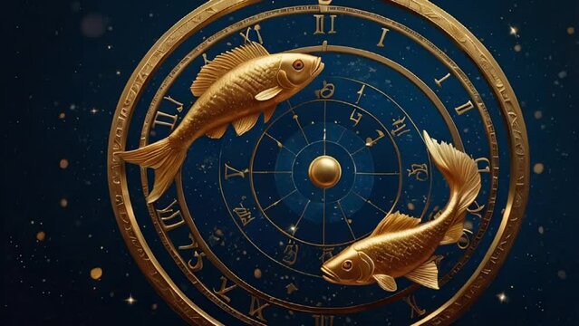 Zodiac sign Pisces golden on a dark background