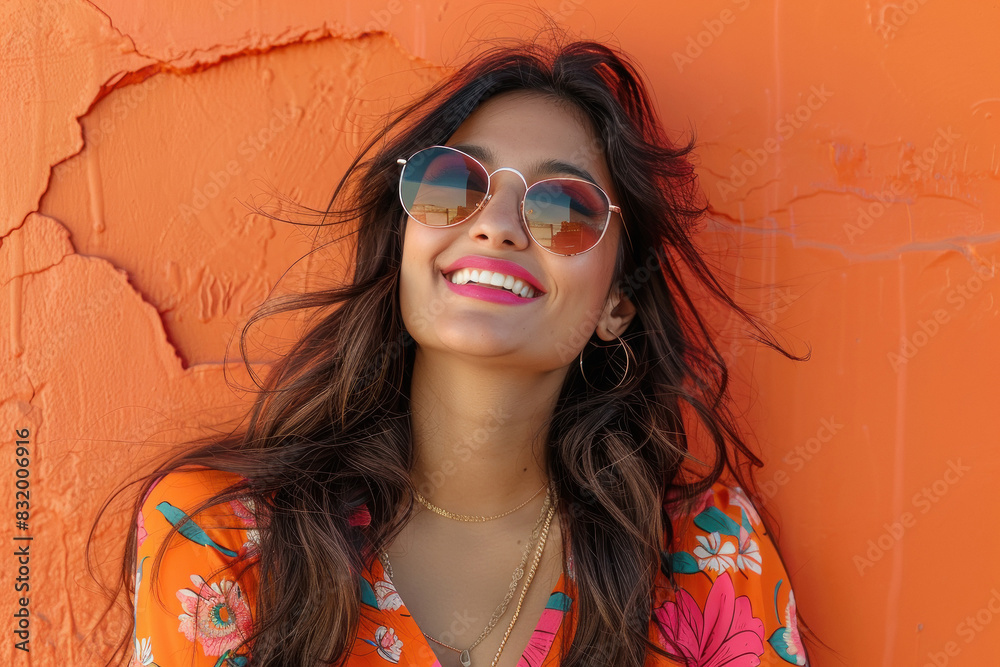 Wall mural young woman wearing sunglasses and smiling