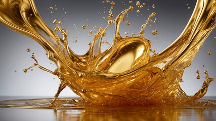 gold oil splashing and swirling gracefully. Use a minimalist background to emphasize the fluid elegance and vibrant