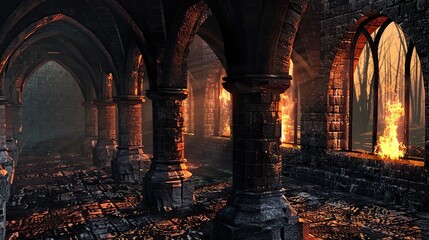 Eternal Flames, Fire Illuminates Ancient Stone Arches. Generative Ai