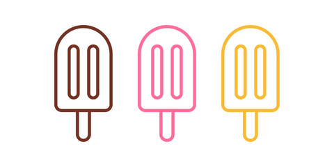 Logo popsicle. Grupo de silueta con líneas de helados de paleta sabores fresa, chocolate y vainilla  © teracreonte
