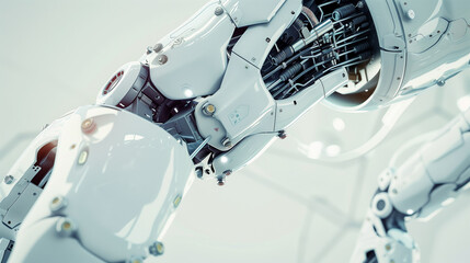 A robot with a white body and silver parts. The robot is made of metal and has a robotic arm