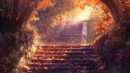 A stairway surrounded by autumn leaves leading to a bright light.