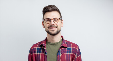 Closeup photo of young attractive handsome positive bearded man wear casual shirt