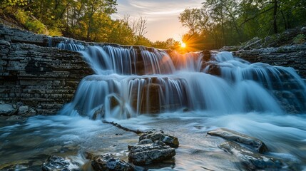 a waterfall with a long exposure, creating a flowing effect. The sun is setting in the background, casting a warm orange glow. The sky is blue with wispy clouds.