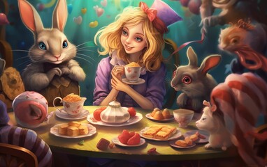 Alice in Wonderland at the Mad Hatter's tea party