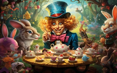 Alice in Wonderland at the Mad Hatter's tea party