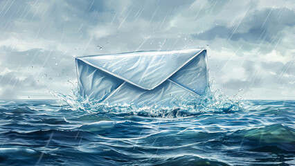 Obraz premium Digital illustration of an envelope floating in a stormy ocean with rain and waves, emphasizing communication and nature elements.