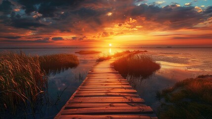 A wooden walkway leads towards a sunset over a body of water.