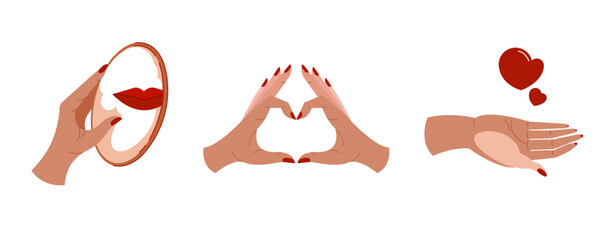 Romantic set of female hand gestures. A kiss in the mirror, love, a gesture of appreciation. Vector illustration.