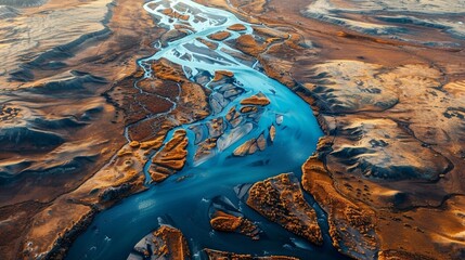 Aerial view of a river running through a desert-like landscape. The river appears blue in some areas and brown in others. The surrounding land is a mix of brown and beige colors. - Powered by Adobe
