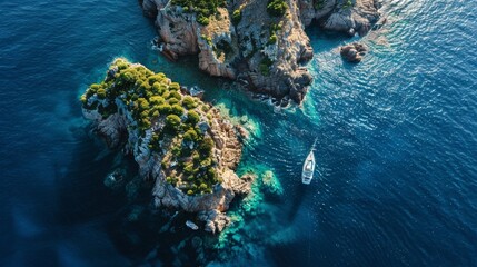 Aerial view of a rocky island with a small white boat in the blue ocean. - Powered by Adobe