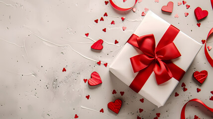 Top view photo of valentine's day decorations white gift box with red ribbon bow and small hearts on isolated light background. -