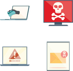 Vector illustrations depict common cybersecurity threats and warning symbols on computer screens