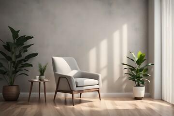 Living Room with Premium Rich Beige Accent Chair and Gray Plaster Stucco Wall. Modern Trend Interior Design for Office or Lounge. Microcement Texture. 3D Render.