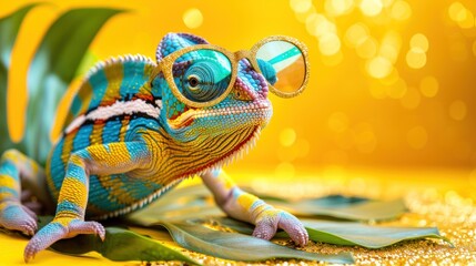 Banner with funny chameleon wearing sunglasses and tropical leaves, exotic bold colors lizard, promo background with copy space, AI generated image