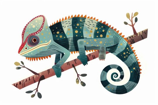 recommend clip art: Illustration of colorful chameleon on green plant, isolated lizard clip art, AI generated image
