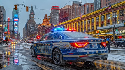 Obraz premium Police car lights at night. Bright colors.