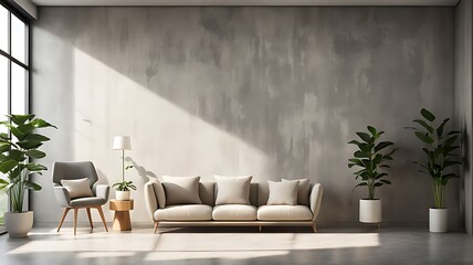 Living Room with Premium Rich Beige Accent Chair and Gray Plaster Stucco Wall. Modern Trend Interior Design for Office or Lounge. Microcement Texture. 3D Render.