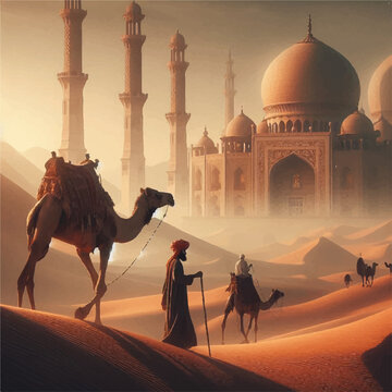Camel shepperd and mosque in desert