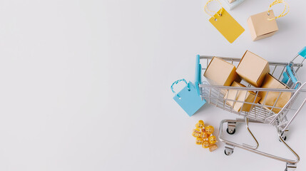 A blue shopping cart is filled with gifts. The cart is on a white background
