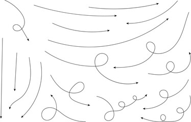 Hand drawn arrows. Hand drawn freehand different curved lines, swirls arrows. Curved arrow line. Doodle, sketch style. Isolated Vector illustration.