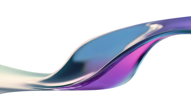 Abstract liquid glass shape with colorful reflections. Ribbon of curved water with glossy color wavy fluid motion. Chromatic dispersion flying and thin film spectral effect.
