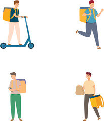 Professional delivery service man with courier scooter and bag delivering food and packages, isolated on white background. Fast and convenient online transportation and logistics concept