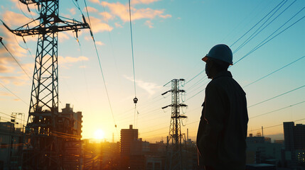 A man in a hard hat stands on a power line pole in front of a city skyline. The sky is a beautiful orange color, and the man is looking out over the city