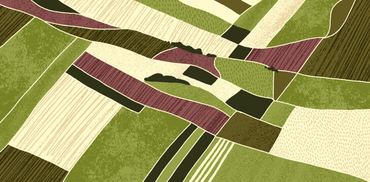 Agriculture field pattern, aerial view. Countryside grassland, farm land from top. Geometric farmland patches, padded mosaic country background, natural patchwork texture. Flat vector illustration