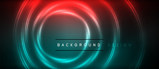 Neon glowing circle rays, light round lines in the dark, planet style neon wave lines. Energetic electric concept design for wallpaper, banner, background