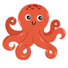 Cute smiling octopus isolated on white background. Funny underwater pink animal with eight tentacles. Childish character. Vector flat cartoon illustration