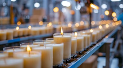 Modern factory conveyor line with natural candles being boxed, intricate details of candles and machinery, efficient workflow