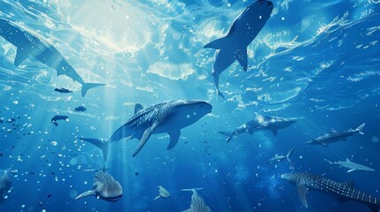 Fototapeta premium A virtual reality dive into the open ocean with a variety of whales sharks and other sea creatures swimming past the viewer.