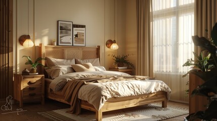 A beautiful bedroom with a wooden bed frame, earth-tone linens, and soft, warm lighting