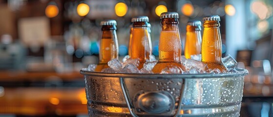 Metal bucket brimming with ice and cold beer bottles, detailed condensation, blurred bar scene in the background