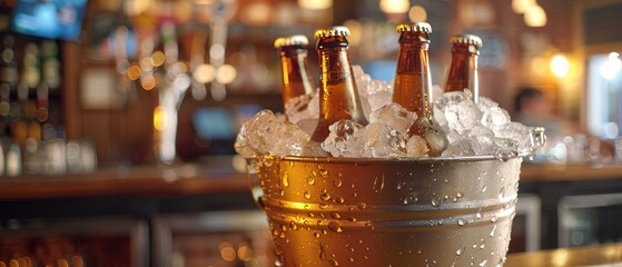 Metal bucket brimming with ice and cold beer bottles, detailed condensation, blurred bar scene in the background