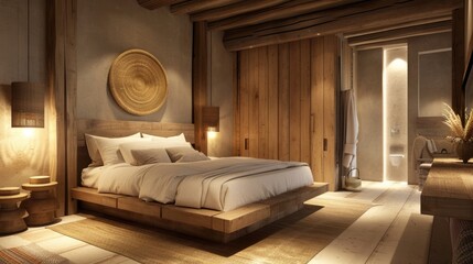 A beautiful bedroom with a wooden bed frame, earth-tone linens, and soft, warm lighting