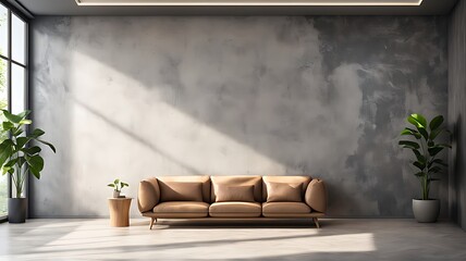 Living Room with Premium Rich Beige Accent Chair and Gray Plaster Stucco Wall. Modern Trend Interior Design for Office or Lounge. Microcement Texture. 3D Render.