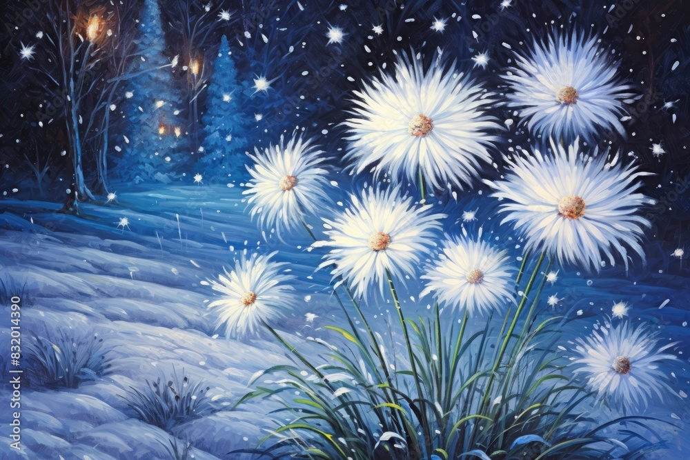 Poster beautiful winter scene with white flowers against a starry night.