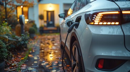 Detailed view of a white electric car plugged into an EV charger in a residential garage, showcasing eco-friendly transportation solutions